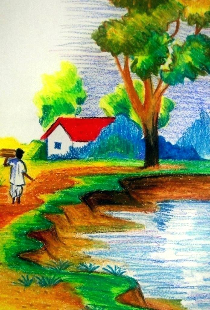 696x1024 Pictures Simple Scenery Drawing - Scenery Drawing For Kids