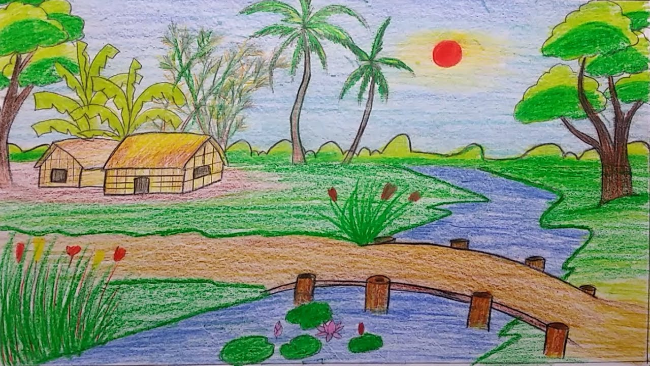 1280x720 Village Scenery Sketches For Kids Beautiful Village Scenery - Scenery Drawing For Kids