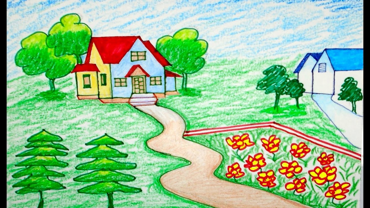 1241x698 Scenery Drawing Scenery Of House Draw For Beginners Draw For Kids - Scenery Drawing For Kids