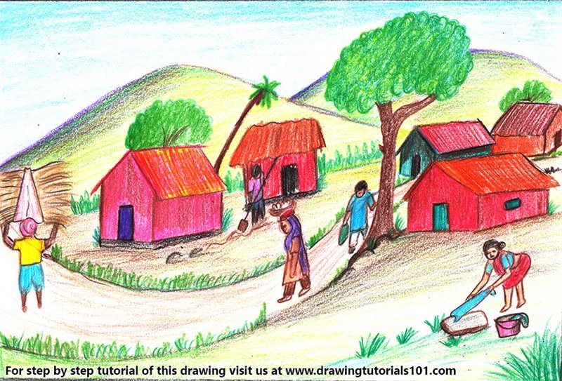800x543 Village Scenery Drawing Pictures Hd Archives - Scenery Drawing Step By Step