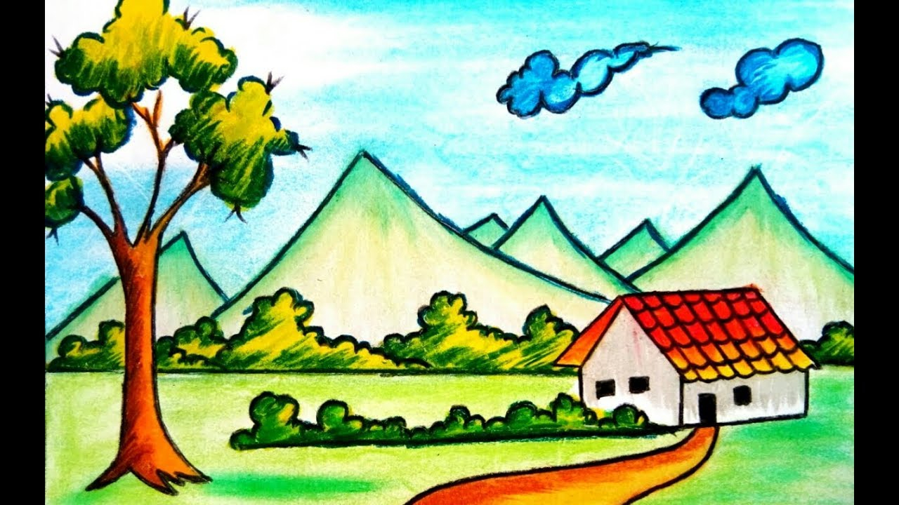 1280x720 Natural Scenery Drawing For Kids And How To Draw Village Scenery - Scenery Images For Drawing