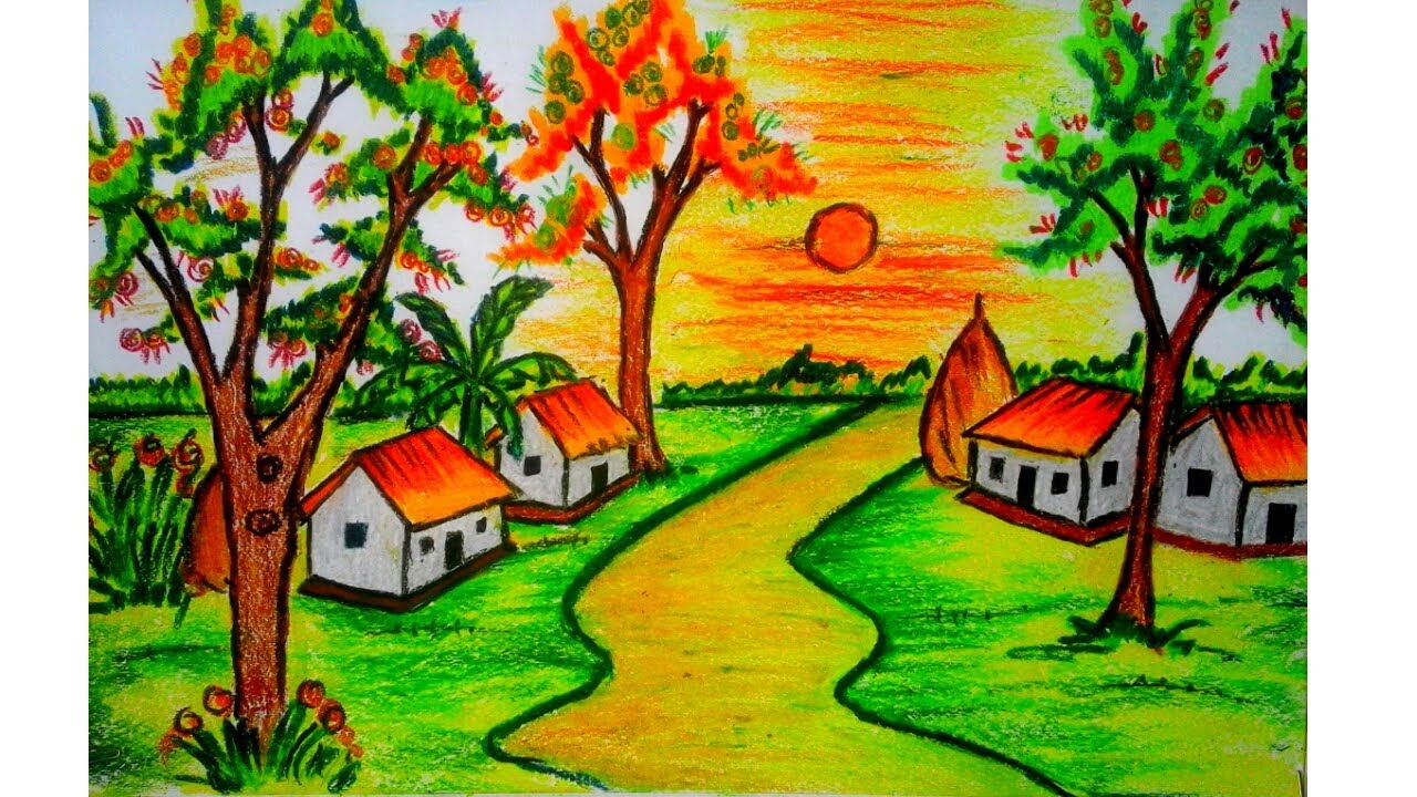 1280x720 how to draw a scenery drawing of colourful village with pastel - Scenery Pictures For Drawing