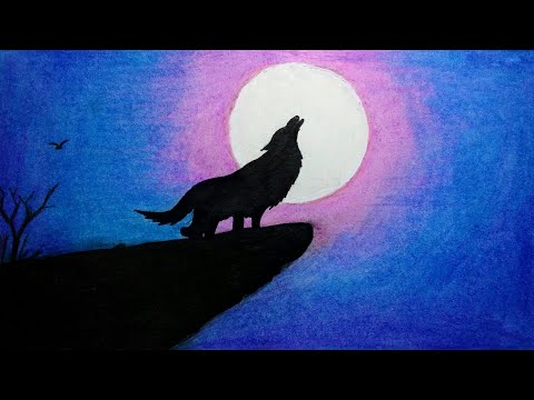 480x360 How To Draw Scenery Of Moonlight Wolf With Oil Pastel Step - Scenery Pictures For Drawing