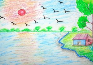 300x210 scenery drawing for kids how to draw village scenery stepstep - Scenery Pictures For Drawing