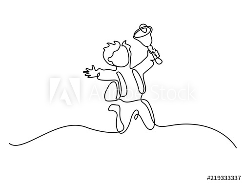 500x375 Continuous One Line Drawing Happy Boy Pupil Jumping With School - School Bell Drawing