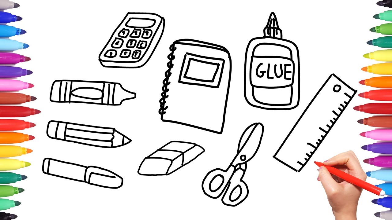 1280x720 school set coloring pages for kids how to draw school kit book - School Books Drawing