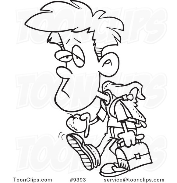581x600 Cartoon Black And White Line Drawing Of A Depressed School Boy - School Boy Drawing