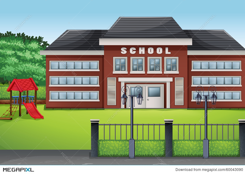 800x570 School Building And Green Lawn Illustration - School Building Drawing