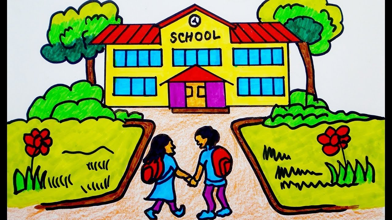 1280x720 How To Draw Scenery School Building Coloring - School Building Drawing