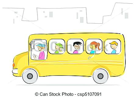 450x320 Outlined School Bus With Happy Children Drawing Template - School Bus Drawing For Kids