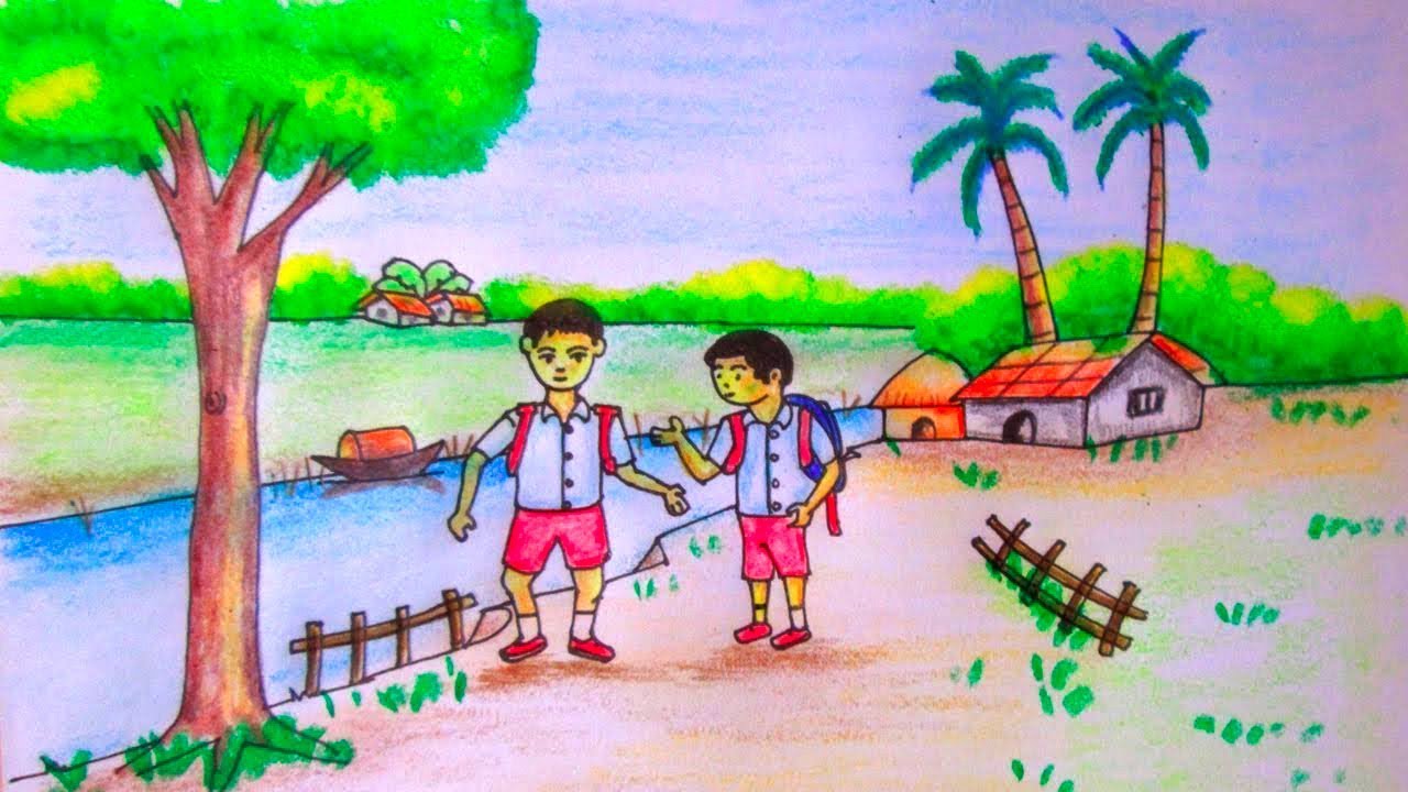 1280x720 How To Draw A Boy Going To School Village Scenery With Kids - School Children Drawing