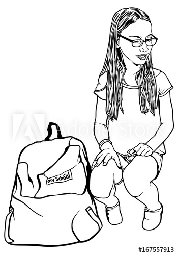 348x500 sitting young school girl with backpack on ground - School Girl Drawing