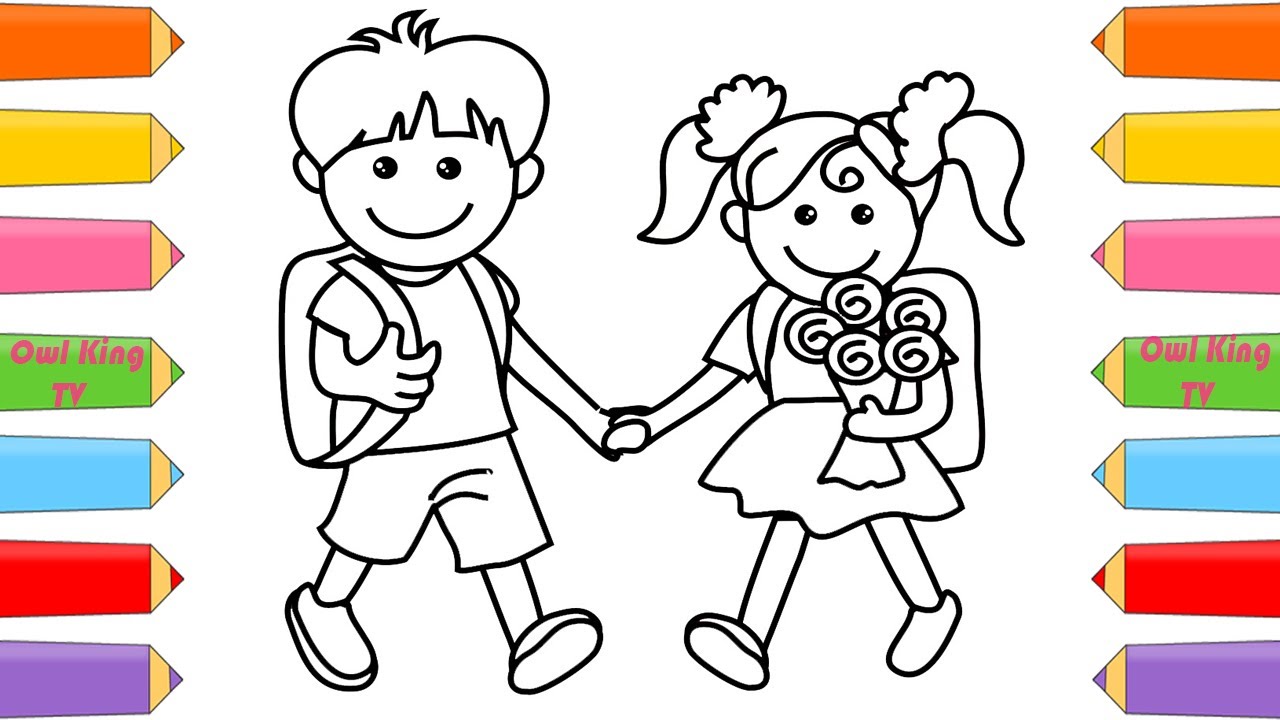 1280x720 School Girl And Boy Coloring Pages How To Draw For Children - School Kids Drawing