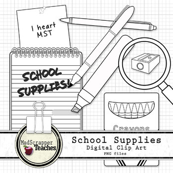 350x350 school supplies digital clip art line drawing png black - School Supplies Drawing