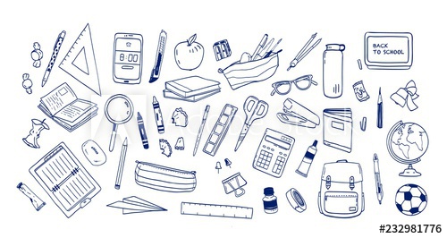 500x266 bundle of school supplies or stationery hand drawn with contour - School Supplies Drawing