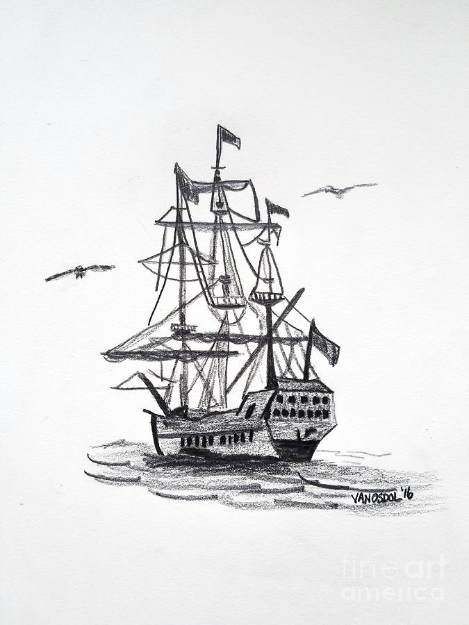 675x900 schooner sailing ship sketched art drawing - Schooner Drawing