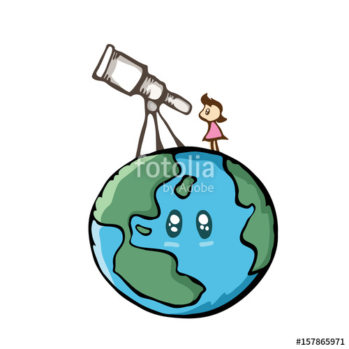 500x500 girl looking the sky with telescope on the earth cute cartoon - Science Drawing