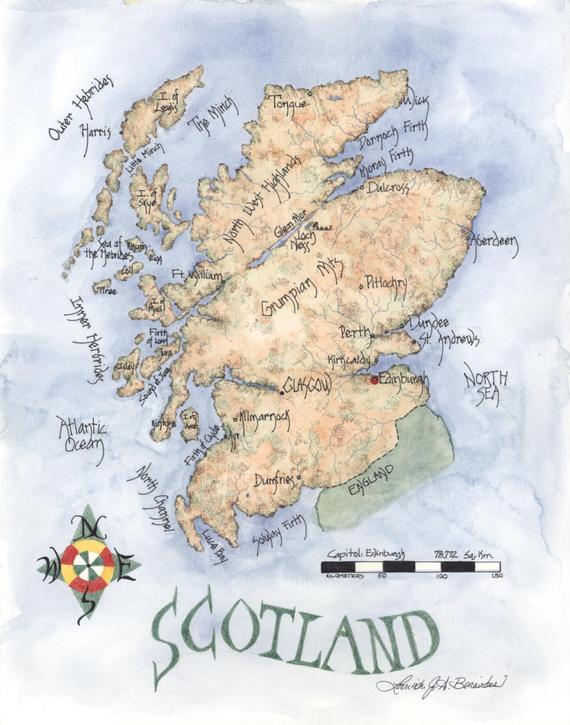 570x725 map of scotland watercolor and colored pencil map etsy - Scotland Drawing