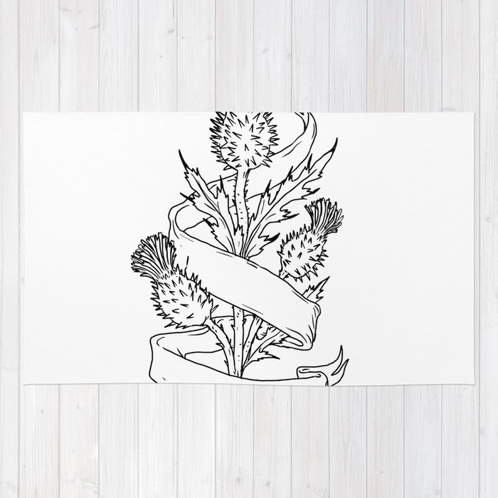 700x700 Scottish Thistle With Ribbon Drawing Black And White Rug - Scottish Thistle Line Drawing