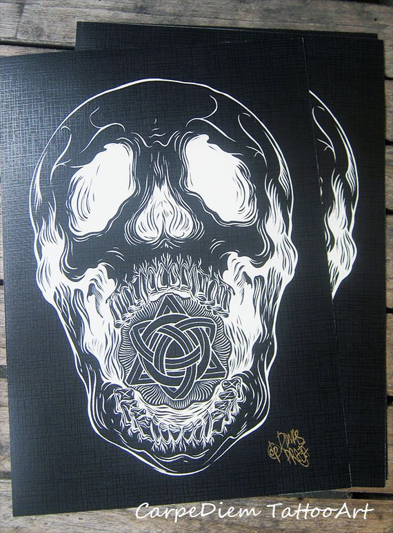 570x772 Screaming Skull Tattoo Art Print On Linen Paper - Screaming Skull Drawing
