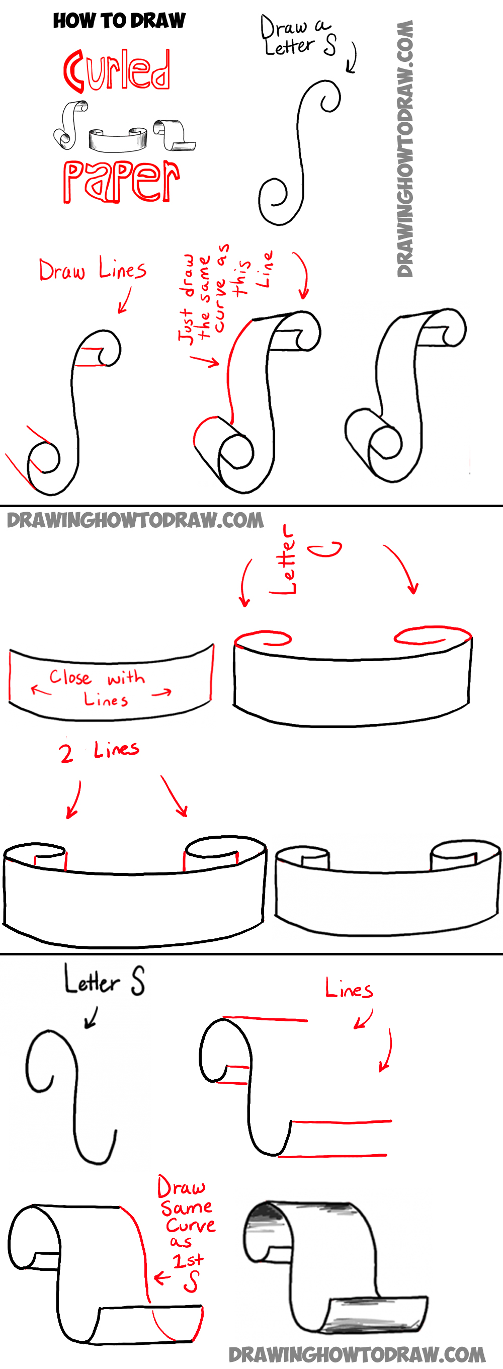 1000x2721 how to draw paper curls or curled paper scrolls or banners in easy - Scroll Drawing