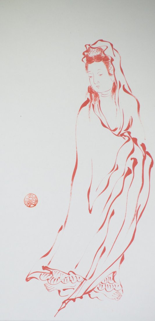 533x1100 Chinese Guanyin Red Line Drawing - Scroll Line Drawing