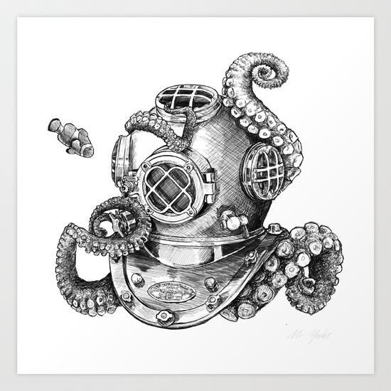 550x550 octopus, diving helmet, scuba, nemo, illustration, drawing - Scuba Drawing