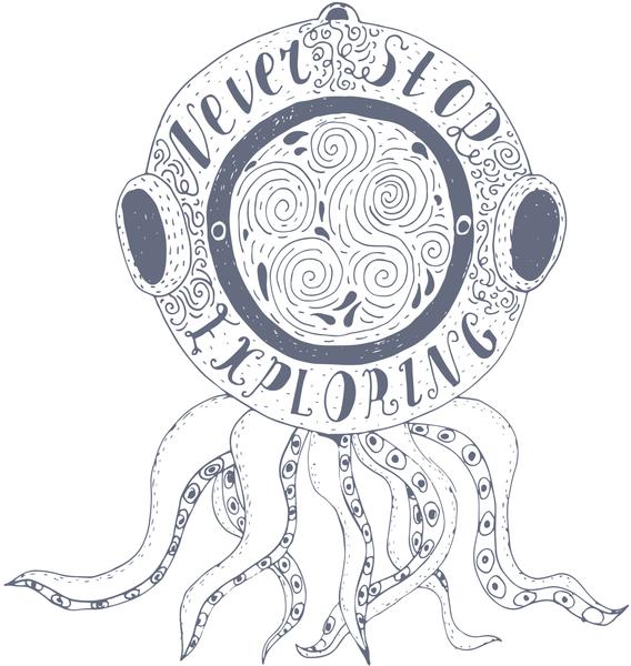 568x600 delicate never stop exploring octopus drawing in scuba mask vinyl - Scuba Drawing