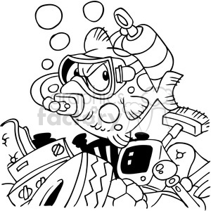 300x300 black white cartoon fish wearing scuba mask clipart royalty free - Scuba Tank Drawing