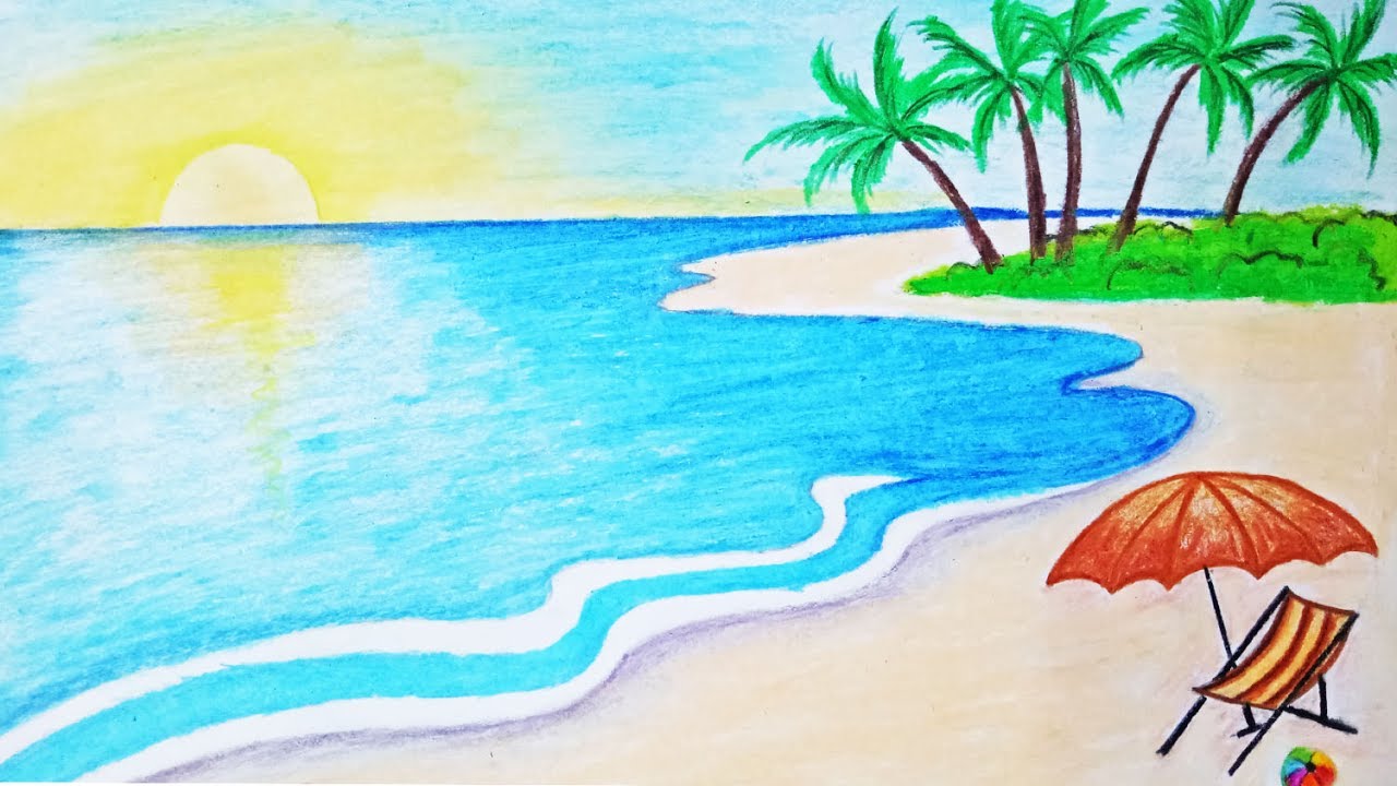 1280x720 How To Draw A Scenery Of Sea Beach Step - Sea Drawing