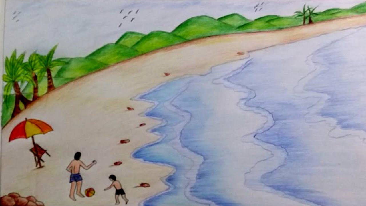 1280x720 Learn How To Draw Sea Beach Scenery Step - Sea Drawing