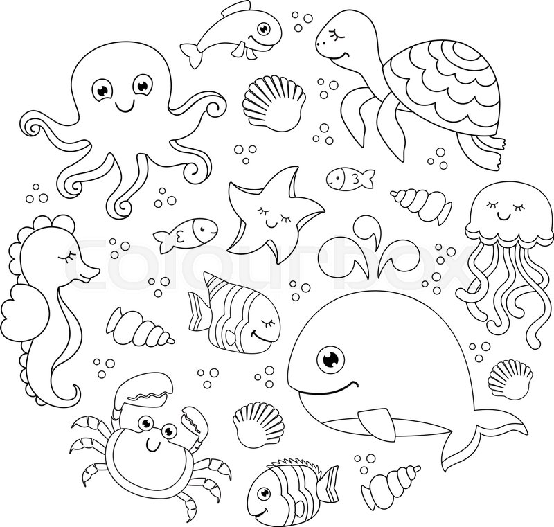 800x761 Ocean Set With Cute Sea Animals Under Stock Vector Colourbox - Sea Drawing