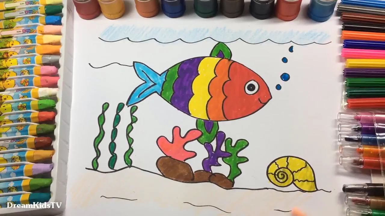 1280x720 How To Draw A Fish, Coral, Star Sea Fish Animal Coloring Video - Sea Fish Drawing