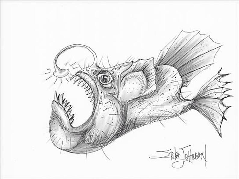 794x597 angry angler of the deep original pen and ink drawing fish etsy - Sea Fish Drawing