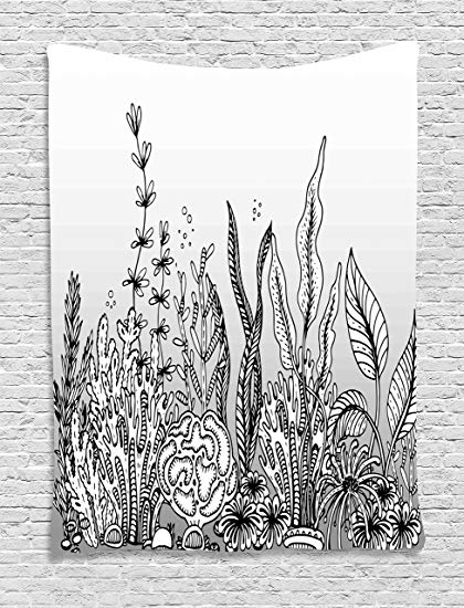 420x550 Ambesonne Ocean Tapestry, Monochrome Hand Drawn - Sea Plants Drawing