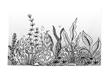 425x285 Lunarable Ocean Tapestry, Monochrome Hand Drawn - Sea Plants Drawing