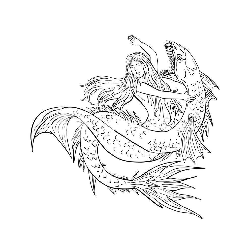 1000x1000 drawing sketch style illustration of a a mermaid or siren fighting - Sea Serpent Drawing