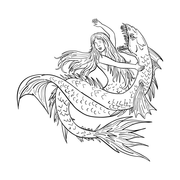 630x630 mermaid fighting a sea serpent drawing black and white - Sea Serpent Drawing