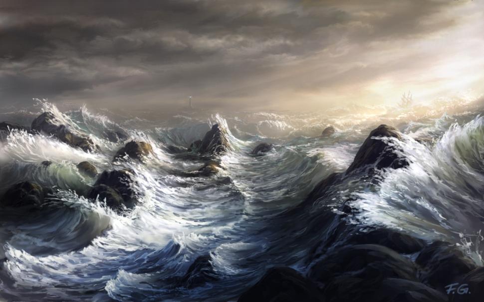 970x606 storm lighthouse ocean waves drawing hd wallpaper art - Sea Waves Drawing