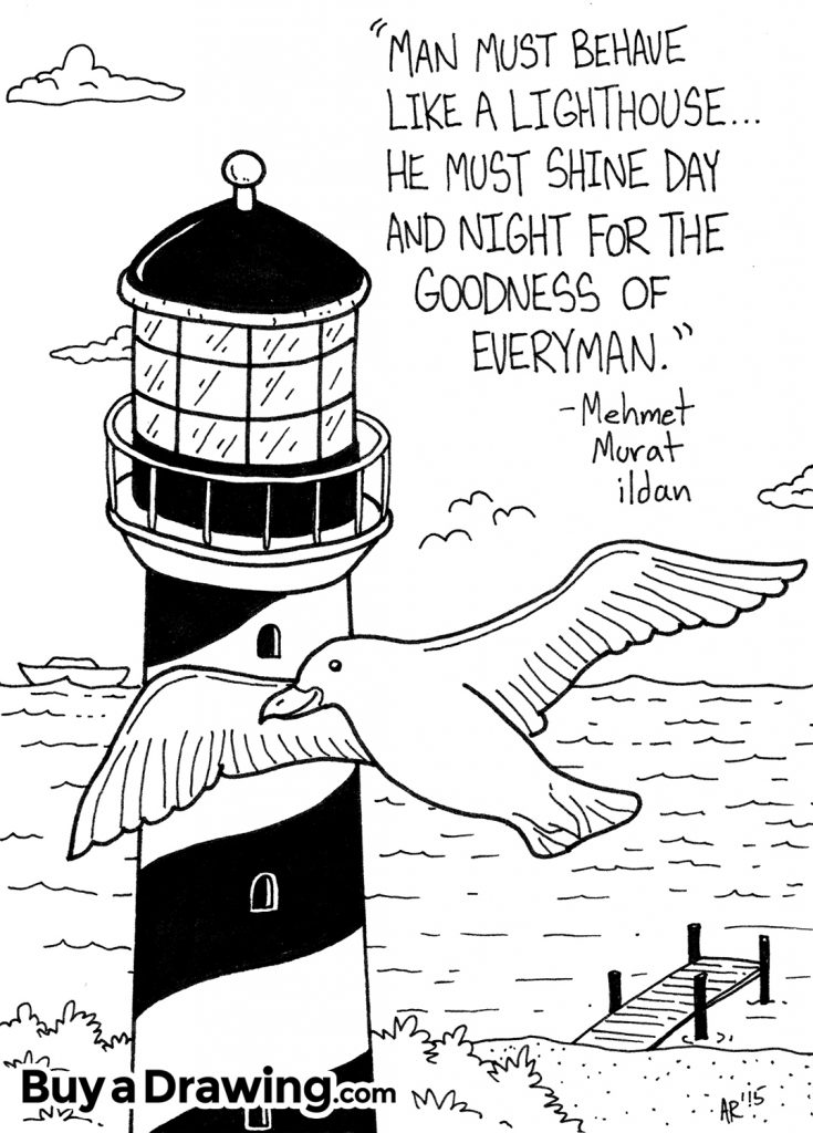 735x1024 Flying Seagull With Lighthouse On Beach Cartoon Drawing - Seagull Cartoon Drawing