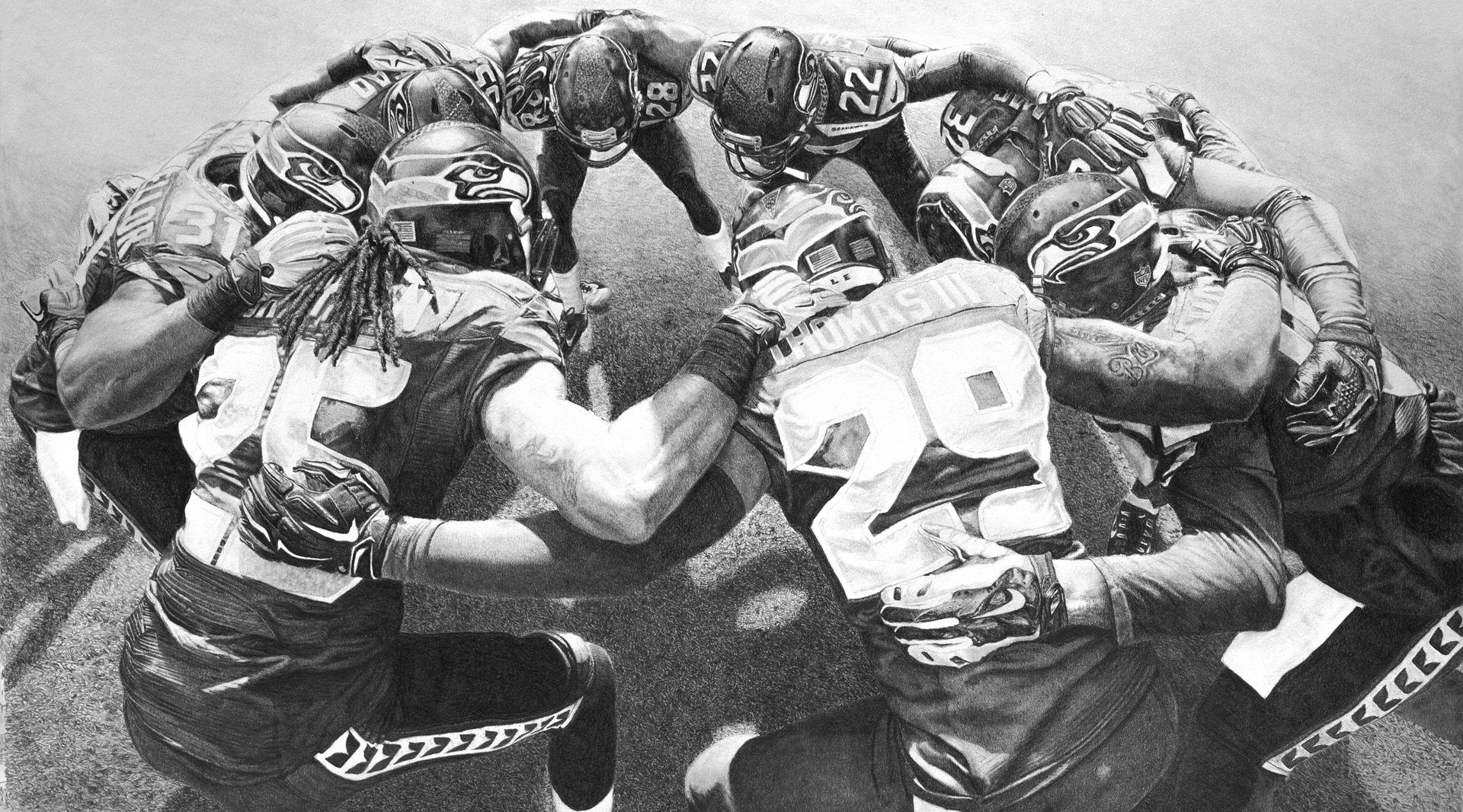 1920x1066 Final Drawing The Huddle - Seahawks Drawing