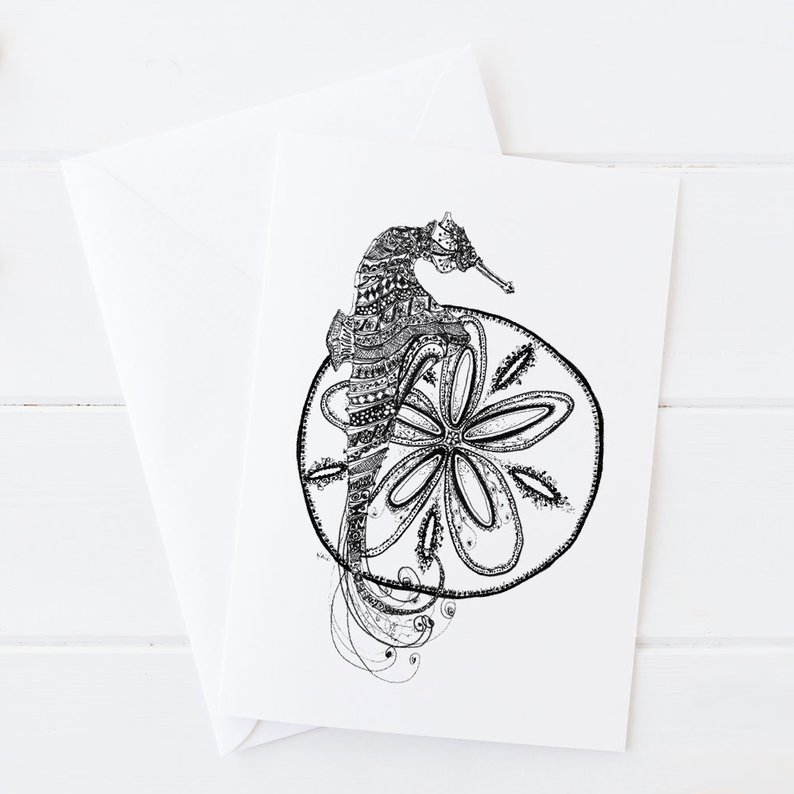 794x794 Sand Dollar Card Seahorse Drawing Bathroom Art Black And Etsy - Seahorse Drawing