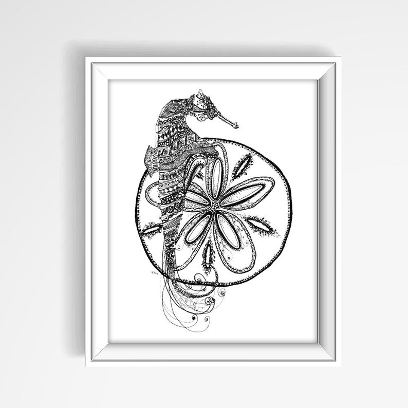 794x794 sand dollar print seahorse drawing nautical print nautical etsy - Seahorse Line Drawing
