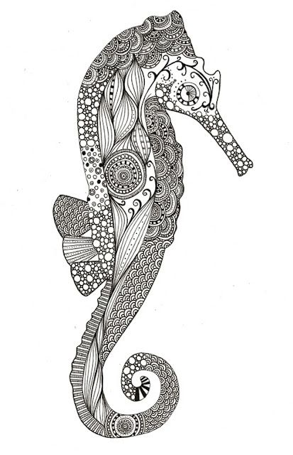 413x640 seahorse doodle design black ink line drawing printmaking - Seahorse Line Drawing