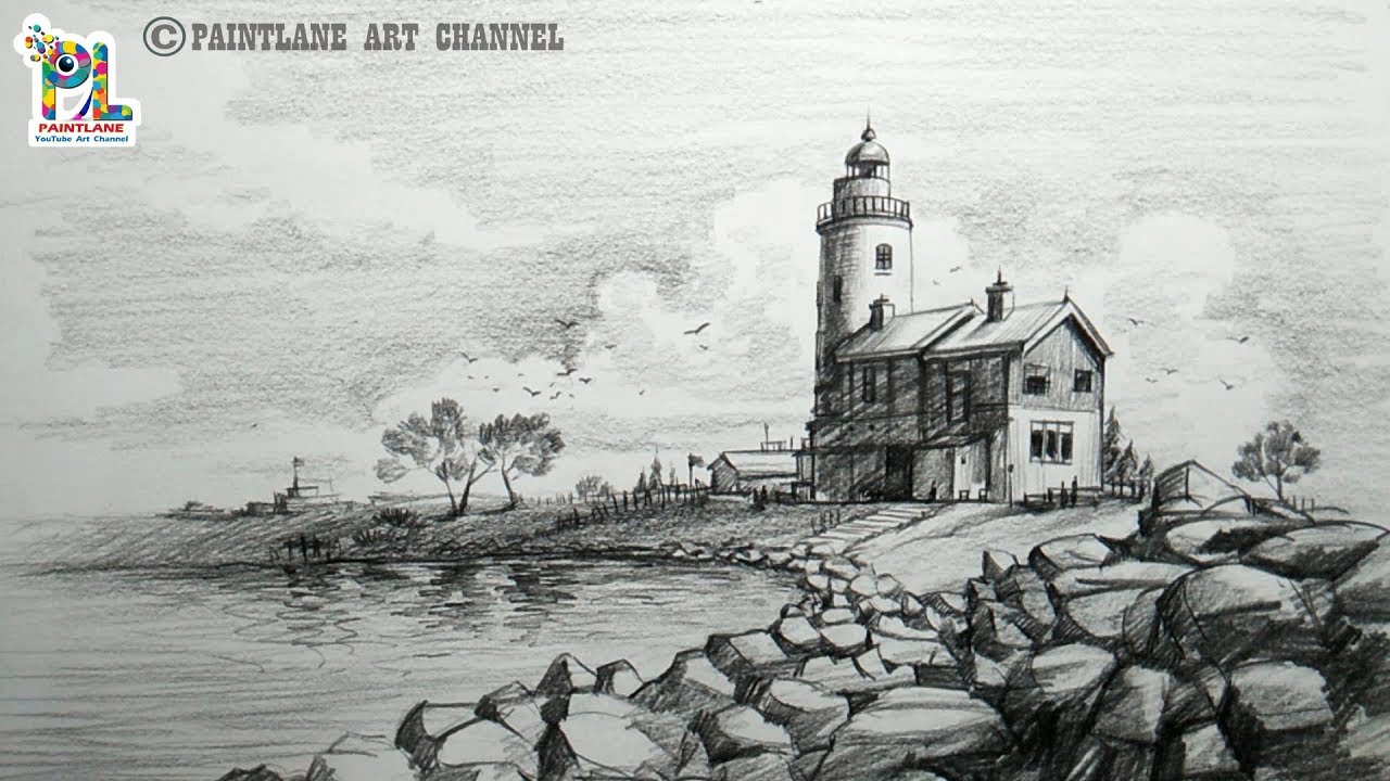1280x720 how to draw and shade a scenery of old wooden light house - Seascape Drawing
