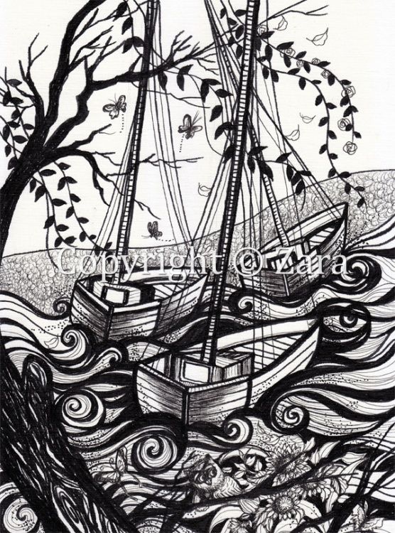 556x750 pen and ink seascapes and white, boat, seascape, drawing - Seascape Drawing