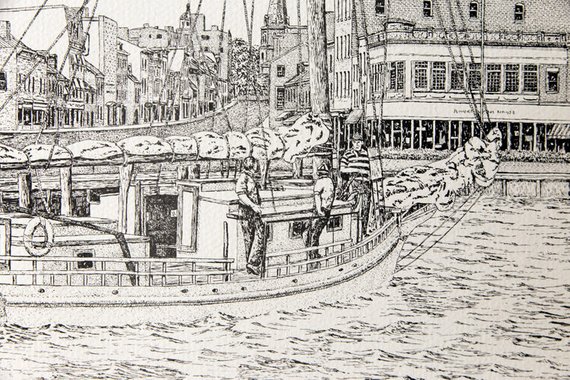 570x380 vintage boats in the harbor seascape drawing entitled etsy - Seascape Drawing