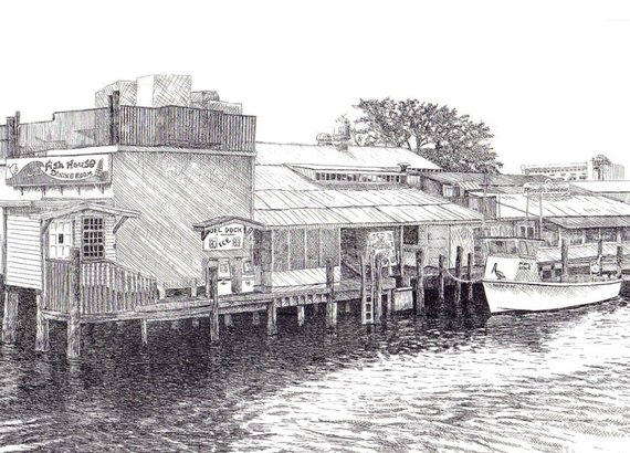 570x410 Kelly's Fish House Naples Fl Naples Ink Drawing Seaside Etsy - Seaside Drawing