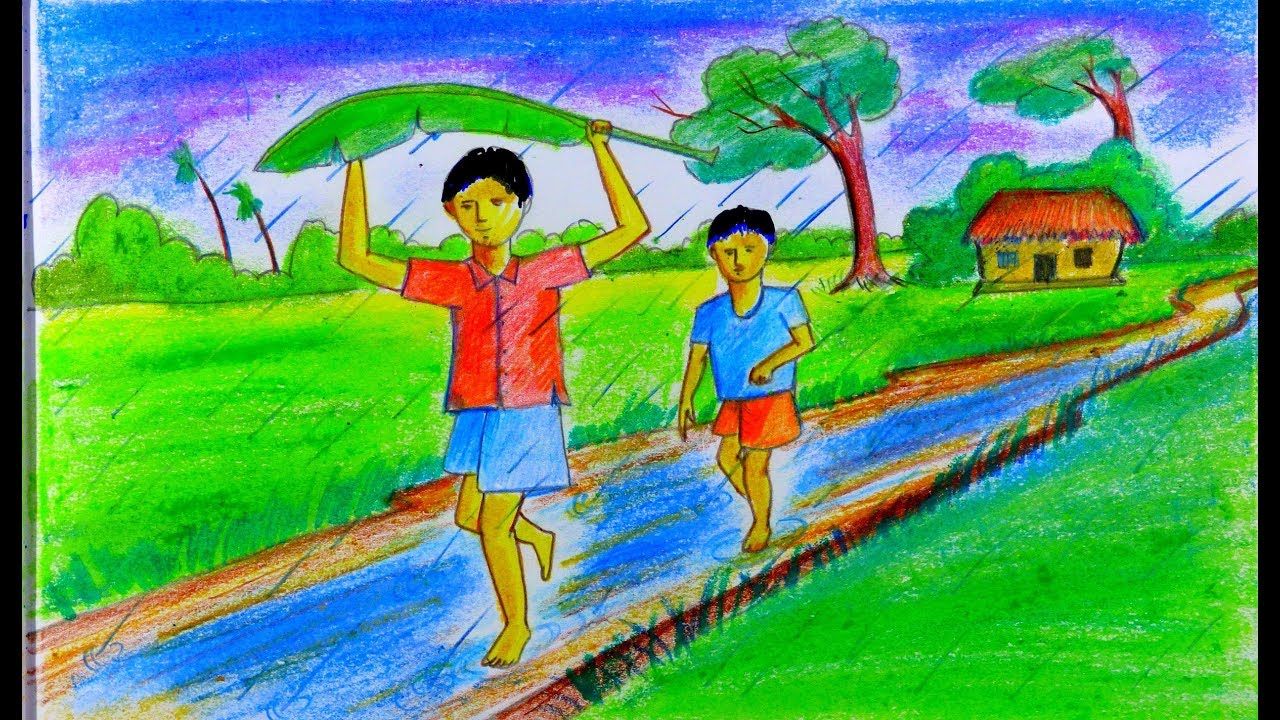 1280x720 How To Draw Rainy Season In Village Easy Scenary Drawing For Kids - Season Drawing