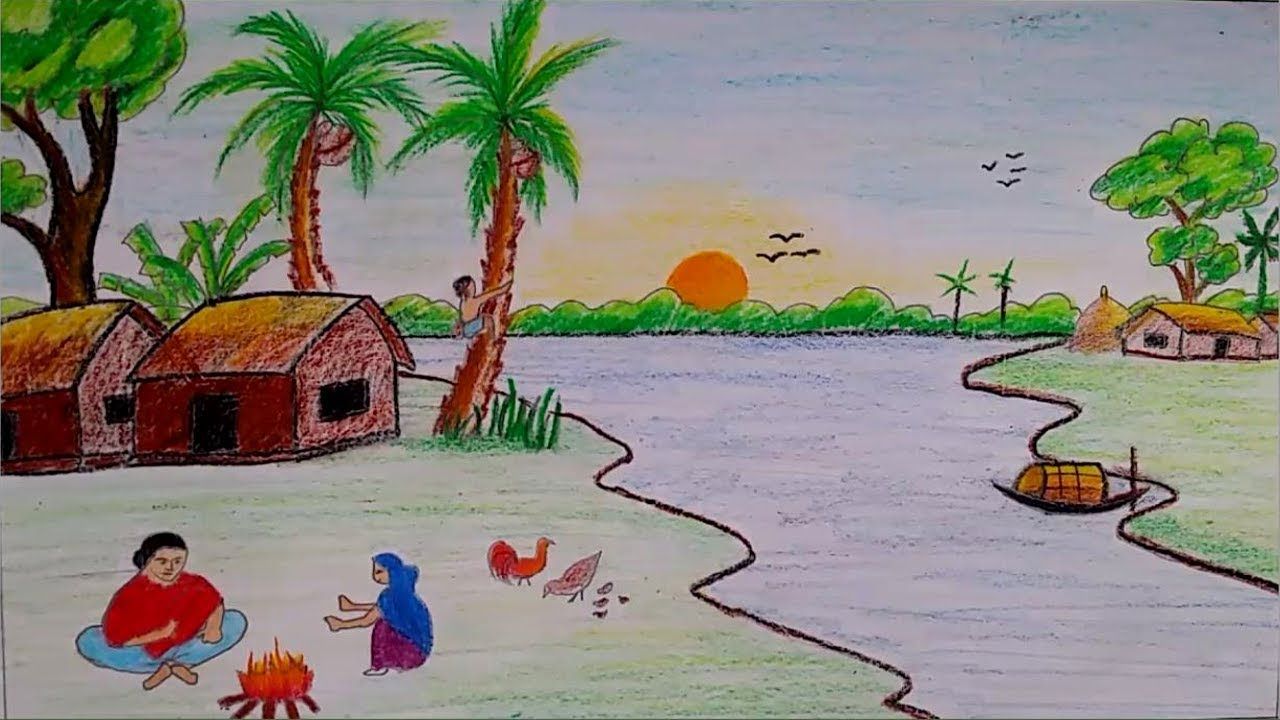 1280x720 How To Draw A Village Scenery With Winter Season Step - Season Drawing